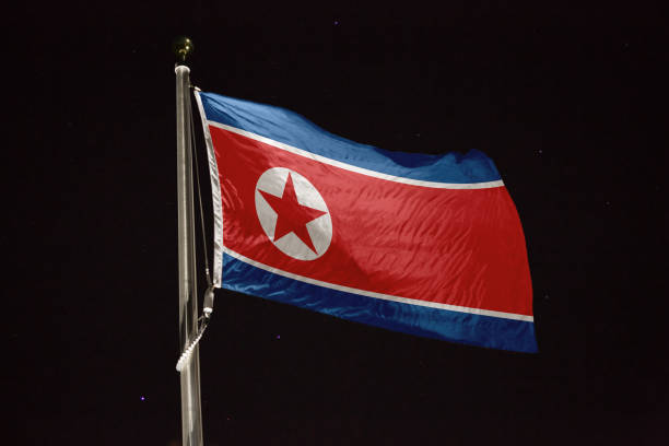 istock North Korea flag blowing in the wind at night 1197395138