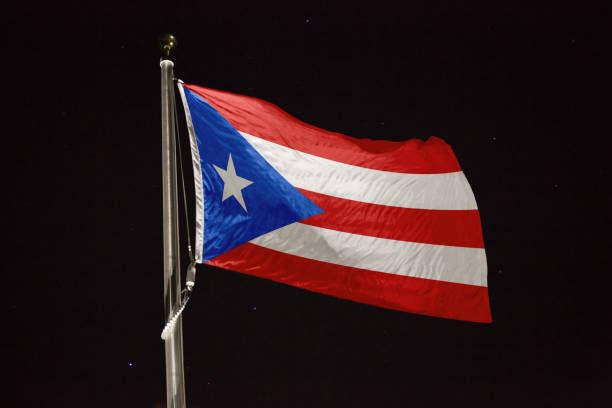 istock Puerto Rico flag blowing in the wind at night 1197398077