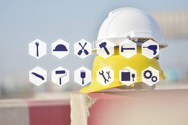 istock Tools Equipment and Helmet hard safety is on barrier road construction building worker Engineering control 1197410124