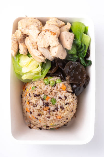 구운 치킨 고기와 식사 준비 도시락 상자 용기,쌀。 스톡 사진