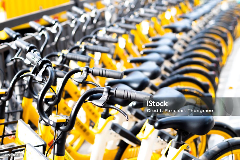 December 2019 Guangzhou china rental bikes found along the main street to serve public and connect from area to other. Bicycle parking sign in public park Asia Stock Photo