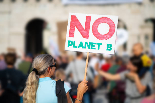 istock rear view woman with sign at climate change demonstration 1197421045