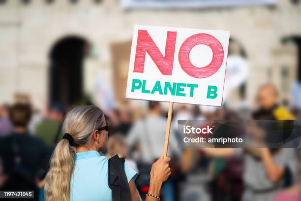 Rear View Woman With Sign At Climate Change Demonstration Stock Photo - Download Image Now
