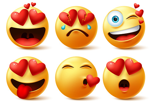 Smiley emoticon and emoji with heart vector faces set. Smileys emoticons of red heart with in love, broken, kissing, surprise and funny cute expression isolated in white background. Vector illustration.