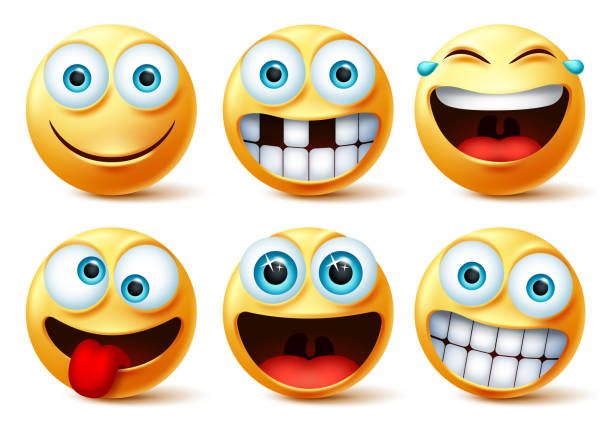 smiley emojis vektor-gesicht-set. smileys emoticons und emoji niedliche gesichter - kaputtlachen stock-grafiken, -clipart, -cartoons und -symbole