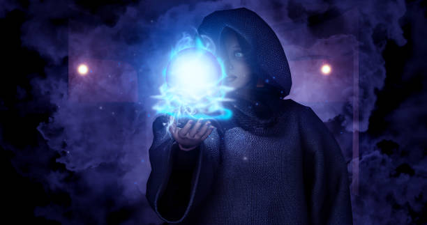istock Witch raise hand for cast a black magic spell in the dark room which have smoke effect from magic,3d rendering picture. 1197423621