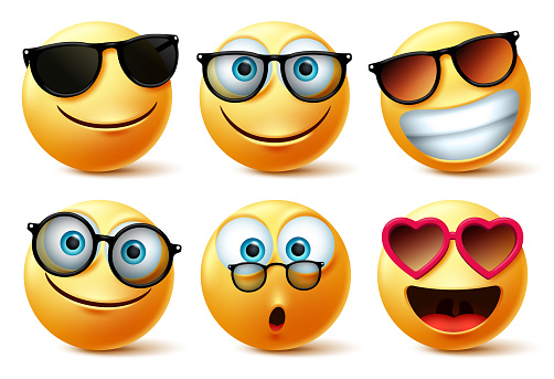 Smileys emoji or emoticon faces wearing sunglasses and eyeglasses vector set. Smileys emoticons or icon face head in surprise, cute, happy and surprise with shades isolated in white background. Vector illustration.