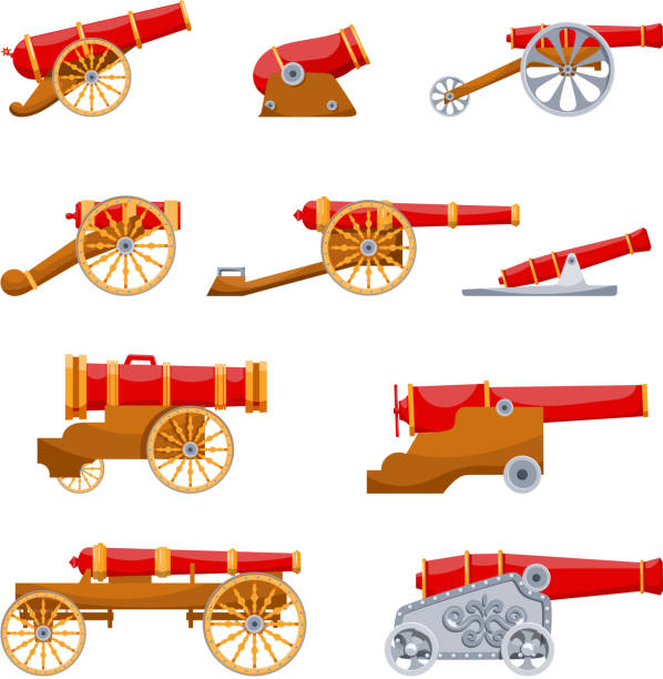 Set Vintage gun. Color image of medieval cannon firing on a white background. Cartoon style. The subject of war and aggression. Stock vector illustration Set Vintage gun. Color image of medieval cannon firing on a white background. Cartoon style. The subject of war and aggression. Stock vector illustration electrical fuse drawing stock illustrations