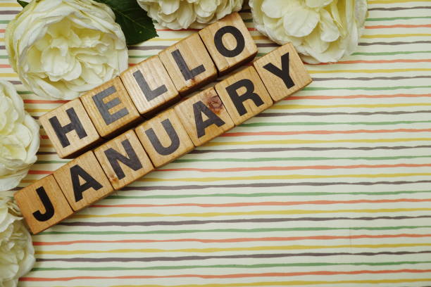 istock Hello January alphabet letters on colorful stripes background 1197425454