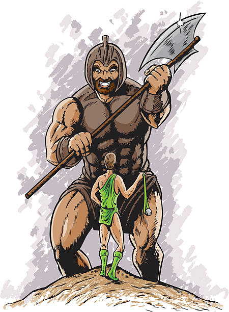 ilustraciones, imágenes clip art, dibujos animados e iconos de stock de david vs. goliath - david