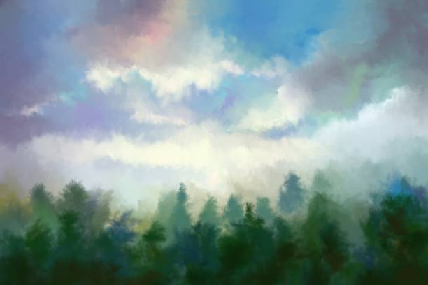 istock morning fog in the forest, painting 1197428228