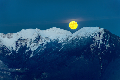 Full moon over mount Krivan peak - Slovak symbol - forest trees silhouettes in foreground, evening photo