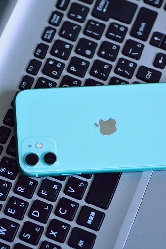Mint Green color Apple iPhone 11 in vertical frame featuring dual camera released in fall of 2019. iPhone 11 quickly became fastest selling smartphone of 2019
