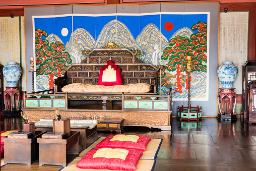 Suwon, Korea- Aug 6, 2019: Interiors of Hwaseong Haenggung Palace, the ornate residential palace built for King Jeongjo when he constructed the magnificent walled city of Suwon