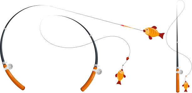 Set Fishing Rod With Fishing Line Reel Hook And Float Cartoon