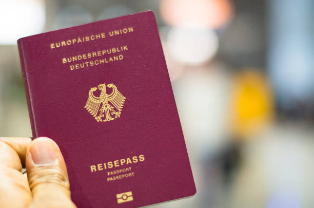 Passenger holding German passport Munich, Germany - September 29 2019: Passenger holding German passport at the airport in Munich, Germany customs airport sign air transport building stock pictures, royalty-free photos & images