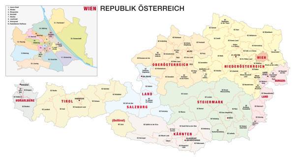 new administrative and political map of austria in german language, 2020 new administrative and political map of austria in german language, 2020 Austria stock illustrations