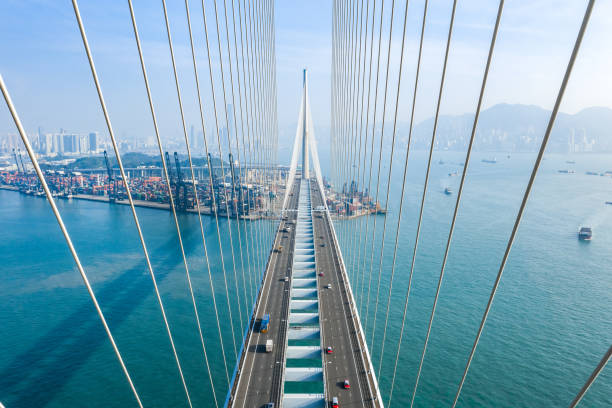 Drone view of Stonecutters Bridge and the Tsing sha highway