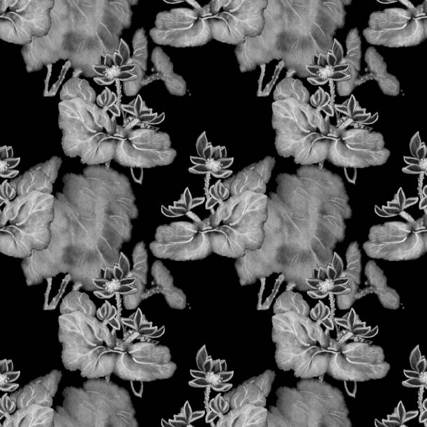 istock Lotus flower pattern on a black background. Lotus, ink image. Handmade ink lotus flowers on a white background. Sumi-e traditional Japanese ink painting. 1197438181