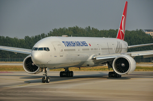 Beijing, China-September 29, 2019:  A Boeing 777-300ER aircraft of Turkish Airlines was taxing after landing in Beijing Capital International Airport.