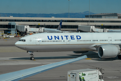 San Francisco, CA, USA-October 6, 2019: A Boeing 777-300ER aircraft of United Airlines was taxing in San Francisco Airport.