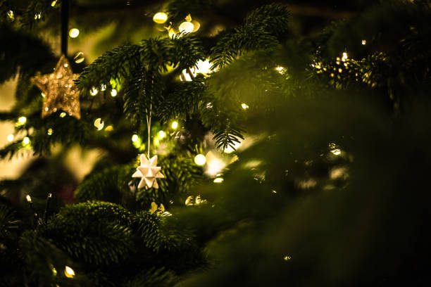 istock Decorated and illuminated christmas tree, vintage toning closeup macro details 1197438920