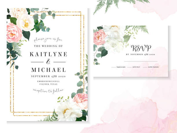 Retro delicate wedding cards with pink watercolor texture and flowers Retro delicate wedding cards with pink watercolor texture and flowers. White peony, pink ranunculus, dusty rose, eucalyptus, greenery. Floral vector design frame. Elements are isolated and editable wedding designs stock illustrations