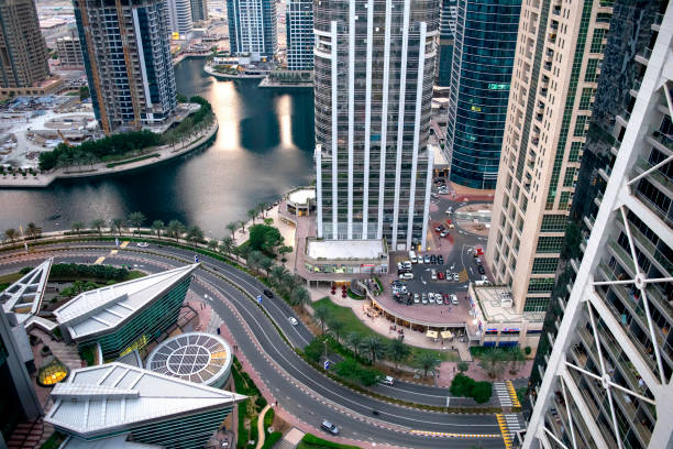 Aerial view of JLT in Dubai. Dubai road traffic. stock photo