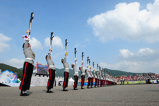 An Korean Army honor guard is showing a demonstration at an 2014 Korean Army festival held at the emergency runway of Gyeryongdae in Gyeryong-si, Chungcheongnam-do, Korea, on October 1, 2014.