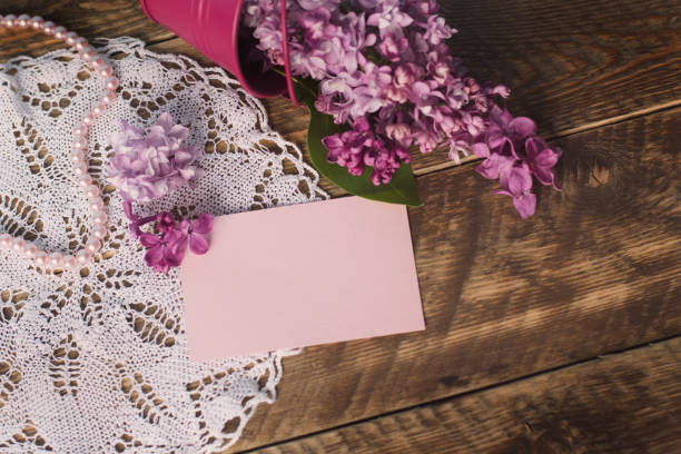 istock Empty card pink beads and lilac, mock-up 1197446960