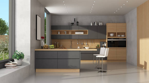 istock Modern black and wooden kitchen 1197448563