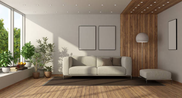 istock Minimalist living room with large window 1197448782