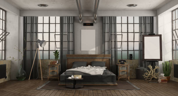 istock Master bedroom with double bed in a loft 1197448861