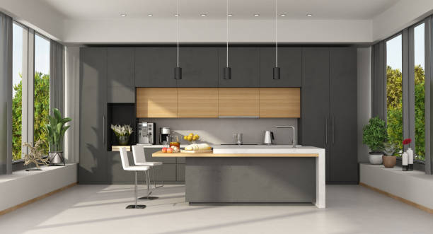 istock Minimalist concrete and wooden Kitchen with island 1197448935