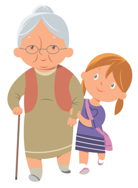 ilustrações de stock, clip art, desenhos animados e ícones de girl helping old woman - grandmother action senior adult grandparent