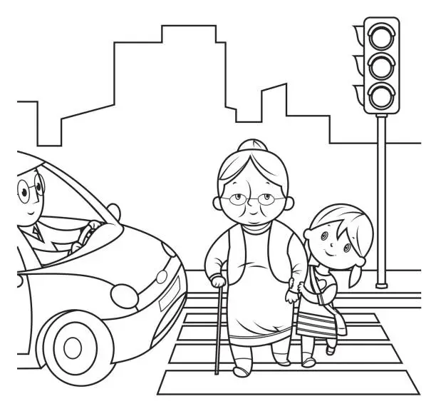 Vector illustration of Black and White, Girl helping old woman cross the street