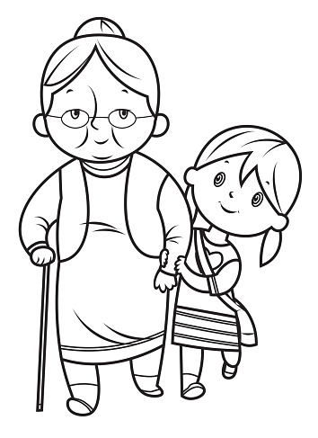 Vector Black and White, Little Girl helps the grandmother