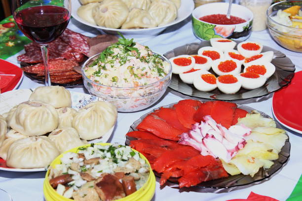istock Russian Festive table with seafood and salmon caviar. 1197467996