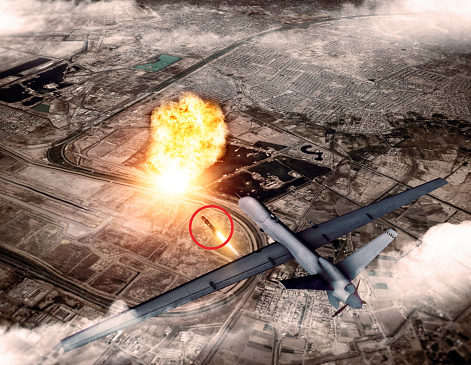 US drone attack on the convoy of the Iranian general Qassem Soleimani, 3d render. Baghdad airport, Iraq.