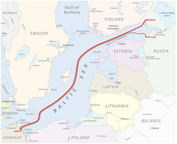 stockillustraties, clipart, cartoons en iconen met kaart van de gaspijpleiding op de oostzee tussen rusland en duitsland - nordstream