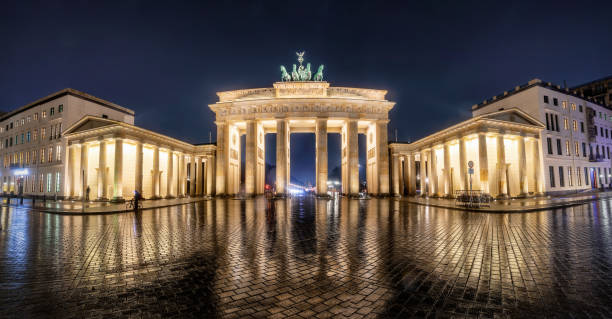 Panoramic view of the Brandenburg Gate in Berlin, Germany, during night