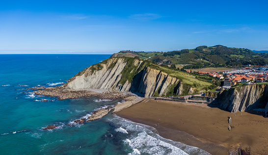 Aerial view of rock formations at Zumaia or Itzurun beach, Basque Country, Spain
