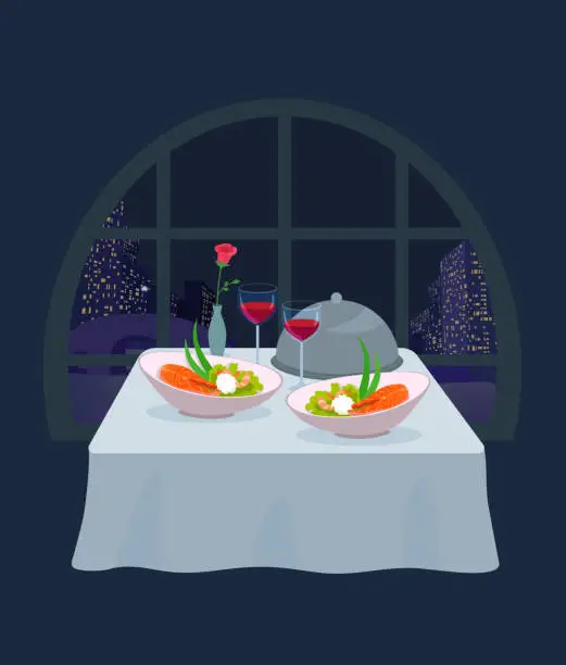 Vector illustration of A tablecloth table in a restaurant with food and wine. Evening meal.