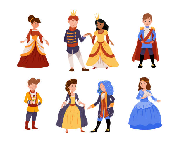 Set of cute little boys in prince costume with crown, girls in princesses dress isolated on white background. Children at a costume ball, dressed as kings and queens, dancing in pairs. Little prince. prince royal person stock illustrations