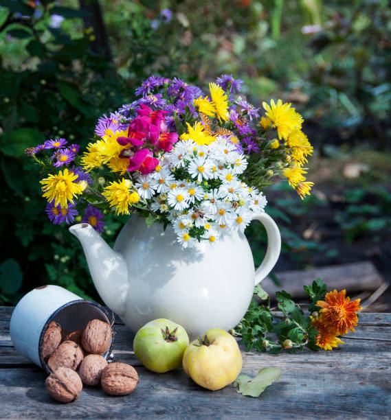 teapot with autumn flowers on table in garden