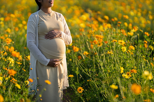 Pregnant woman is relaxing in the flower garden.