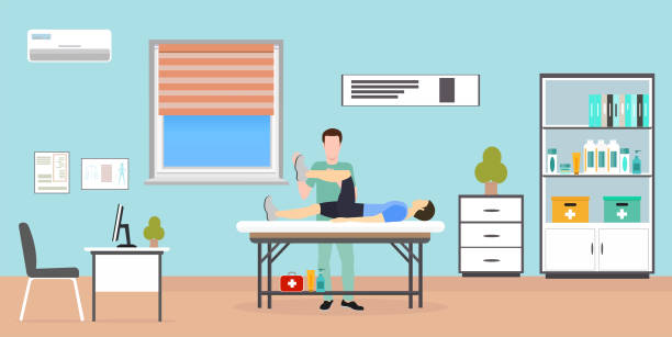 illustrazioni stock, clip art, cartoni animati e icone di tendenza di vettore di un paziente uomo sdraiato sul tavolo esaminato dal medico terapista - osteopata
