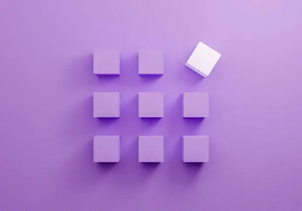 Photo of Outstanding white box contrast purple cube and shadow on violet pastel background texture. Minimal flat lay concept. 3d rendering abstract geometric shape with podium design. Creative idea.