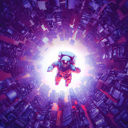 3D illustration of astronaut floating inside abstract alien machine