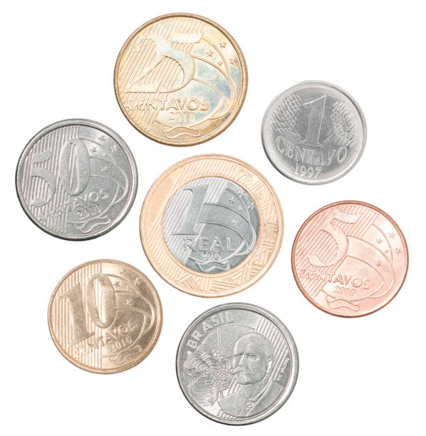 set di monete del brasile in un mucchio - french coin foto e immagini stock